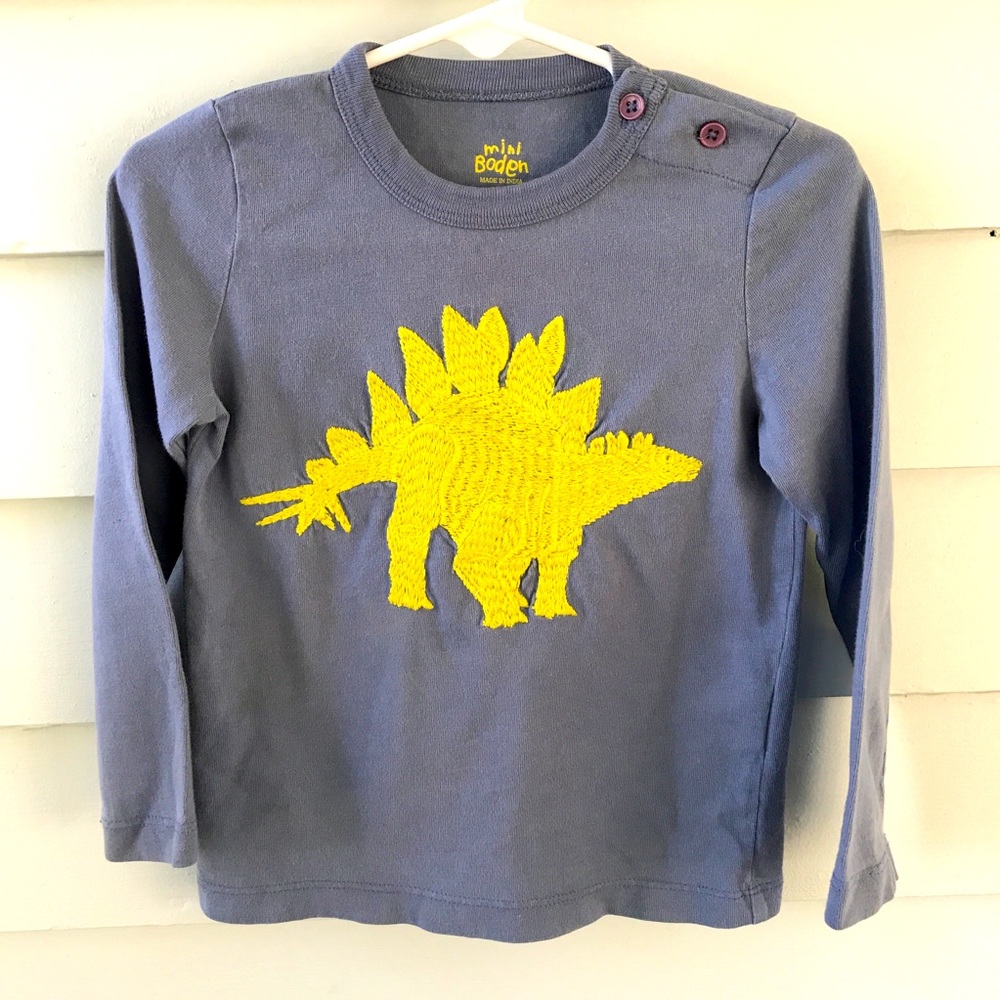 Mini Boden long sleeve stitched Stegosaurus dinosaur Shirt 1-2y